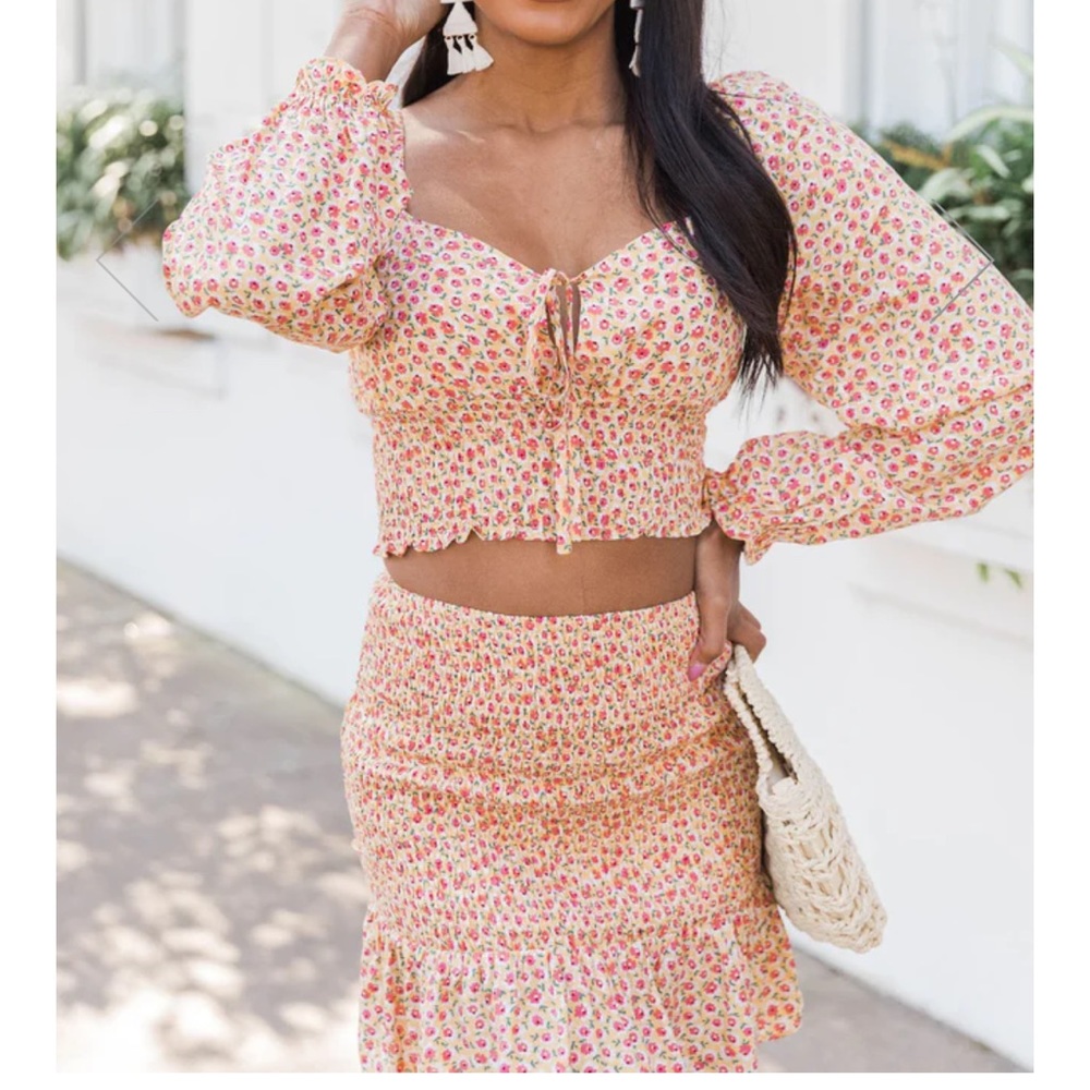 Pink Lily - Giving Up Orange Cropped Floral Blouse and Skirt - two piece set